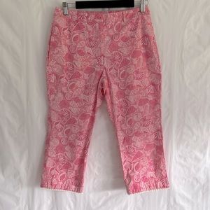 Lilly Pulitzer VTG White Label Pink Seashell Cropped Capri Pants Lace Hem Size 6